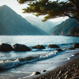 Tranquil Coastal Landscape with Rocky Shore and Mountain Backdrop at Sunrise or Sunset