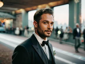 Elegant Evening Portrait of a Man in Tuxedo Against Urban Dusk Backdrop