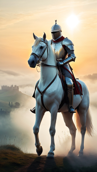 Medieval Knight on White Horse at Sunrise with Castle in the Distance