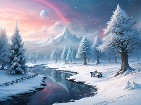 Tranquil Winter Night: Snow-Covered Forest and Majestic Mountains Beneath a Celestial Sky