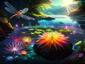 Enchanted Waters: A Vivid Digital Fantasy of Lily Pads and Dragonflies at Dawn