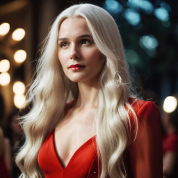 Elegant Blonde in Red: Glamorous Evening at a Star-Studded Event