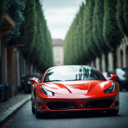 Red Lamborghini Sports Car Parked on Historic Urban Street with Tree-Lined Sidewalk