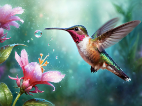 Iridescent Hummingbird Hovering Gracefully Near Blooming Pink Flower in Misty Natural Setting