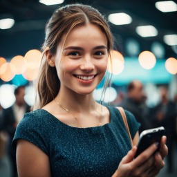 Young Woman in Polka Dot Dress Smiling at Event Hall with Smartphone in Hand