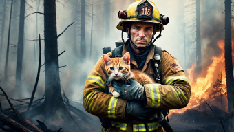 Heroic Firefighter Rescues Two Cats Amidst Charred Fire Scene