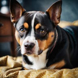 Large Mixed-Breed Dog Resting with Attentive Expression on Patterned Surface
