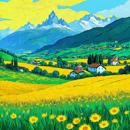 Idyllic Alpine Valley: Lush Green Hills, Flower Fields, and Traditional Mountain Chalets