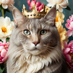 Majestic Feline Royalty: A Regal Cat Crowned Amidst Blossoms