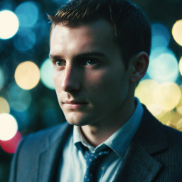 Contemplative Man in Semi-Formal Attire Amidst Softly Lit Nightscape