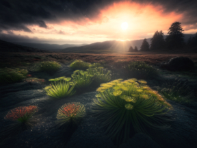 Tranquil Alpine Sunrise: A Vibrant Meadow Bathed in Morning Light