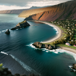 Dramatic Coastal Cliffs and Serene Cove: A Rugged Island Landscape at Dawn