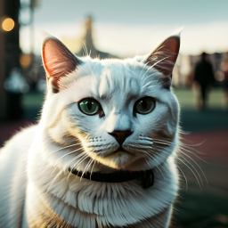 Serene Light-Furred Cat with Collar Captured in Soft Bokeh at Dusk