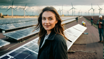 Young Woman Smiling Amidst Wind Turbines and Solar Panels in Renewable Energy Park