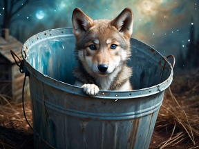 Whimsical Twilight: A Wolf's Gaze from Within a Rustic Pail