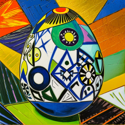 Intricately Designed Ceramic Egg Against a Vibrant Abstract Geometric Background