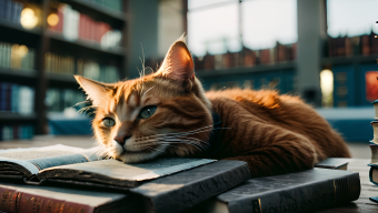 Curious Cat Cozying Up with a Book in a Warm, Inviting Library Setting