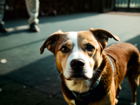 Attentive Brown and White Dog Standing Outdoors on Asphalt Surface