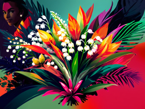 Vibrant Tropical Floral Arrangement Against a Textured Dark Background with a Blurred Figure
