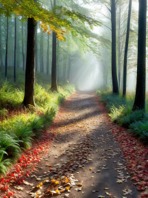 Misty Autumn Forest Path at Dawn: A Serene Journey Through Nature