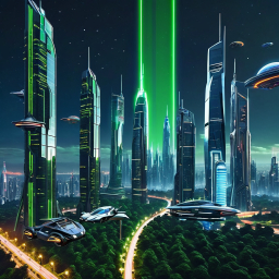 Neon-Lit Futuristic Cityscape with Advanced Skyscrapers and Aerial Spacecraft at Night