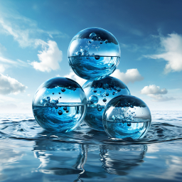 Glossy Metallic Spheres Floating on Water with Reflective Cloudy Sky Background