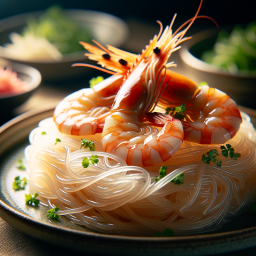 Elegant Asian Noodle-Wrapped Prawn with Chive Garnish and Sashimi Accompaniment