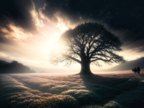 Majestic Old Tree Amidst Dramatic Skies and Rolling Hills: A Serene CGI Landscape