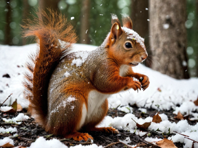 Alert Squirrel on Snow-Covered Ground Amid Winter Trees