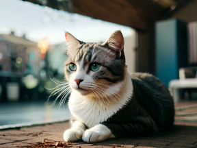 Curious Blue-Eyed Tabby Cat Poses Outdoors Near Urban Buildings