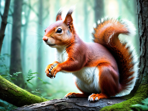 Focused Squirrel on Mossy Branch: Digital Highlight in Lush Forest Setting