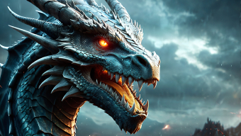 Epic Fantasy Dragon Soars Amidst Stormy Twilight Skies