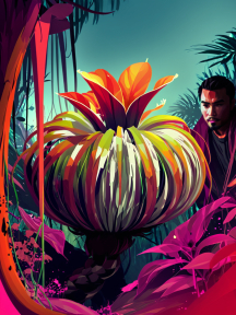 Vivid Jungle Dreamscape: A Surreal Encounter Amidst Colorful Flora