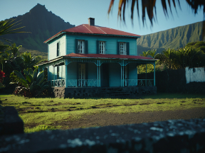 Charming Two-Story Teal House with Balcony and Scenic Mountain Views in a Tropical Setting