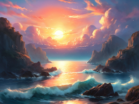 Tranquil Coastal Sunrise: Serene Rocky Shore and Calm Waters at Dawn