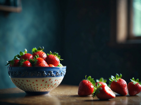 Rustic Charm: Blue and White Bowl Overflowing with Fresh Strawberries by Sunlit Window
