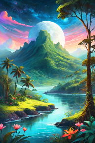 Dreamscape Oasis: A Surreal Tropical Fantasy Under a Giant Moon