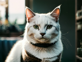 Blue-Eyed Tabby Cat Indoors Wearing a Collar, Gazing at the Camera