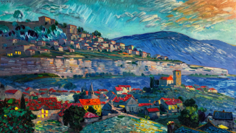 Vibrant Mediterranean Coastal Landscape with Red-Roofed Houses and Mountain Backdrop