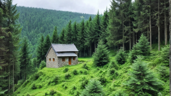 Rustic Stone Cottage Nestled in a Serene Forested Hillside
