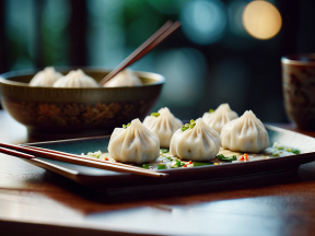 Freshly Steamed Xiao Long Bao with Traditional Tea and Chopsticks: A Classic Chinese Dining Experience