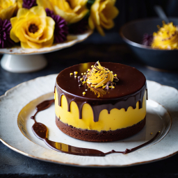 Elegant Chocolate-Glazed Cake Slice with Creamy Custard Filling and Floral Garnishes