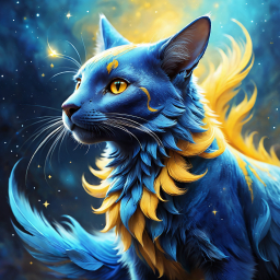 Celestial Majesty: The Fantastical Blue-Furred Cat with Feathered Mane