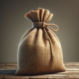 Rustic Burlap Sack on Wooden Surface: A Glimpse into Traditional Storage and Trade Practices