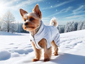 Small Dog in White Coat Enjoying a Sunny Winter Day in the Snow