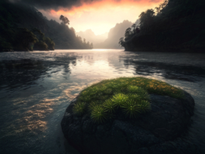 Serene Dawn Over a Lush Island in Tranquil Waters