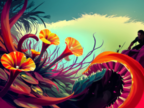 Whimsical Underwater Mushroom World with Mysterious Figure on Floating Island