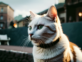 Tabby Cat with Collar Poses Outdoors in Urban Setting