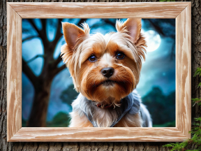 Surprised Yorkshire Terrier Amidst a Dreamlike Twilight Forest Scene