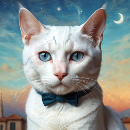 Elegant Sphynx Cat with Blue Eyes and Bow Tie Poses Against a Stunning Sunset Backdrop